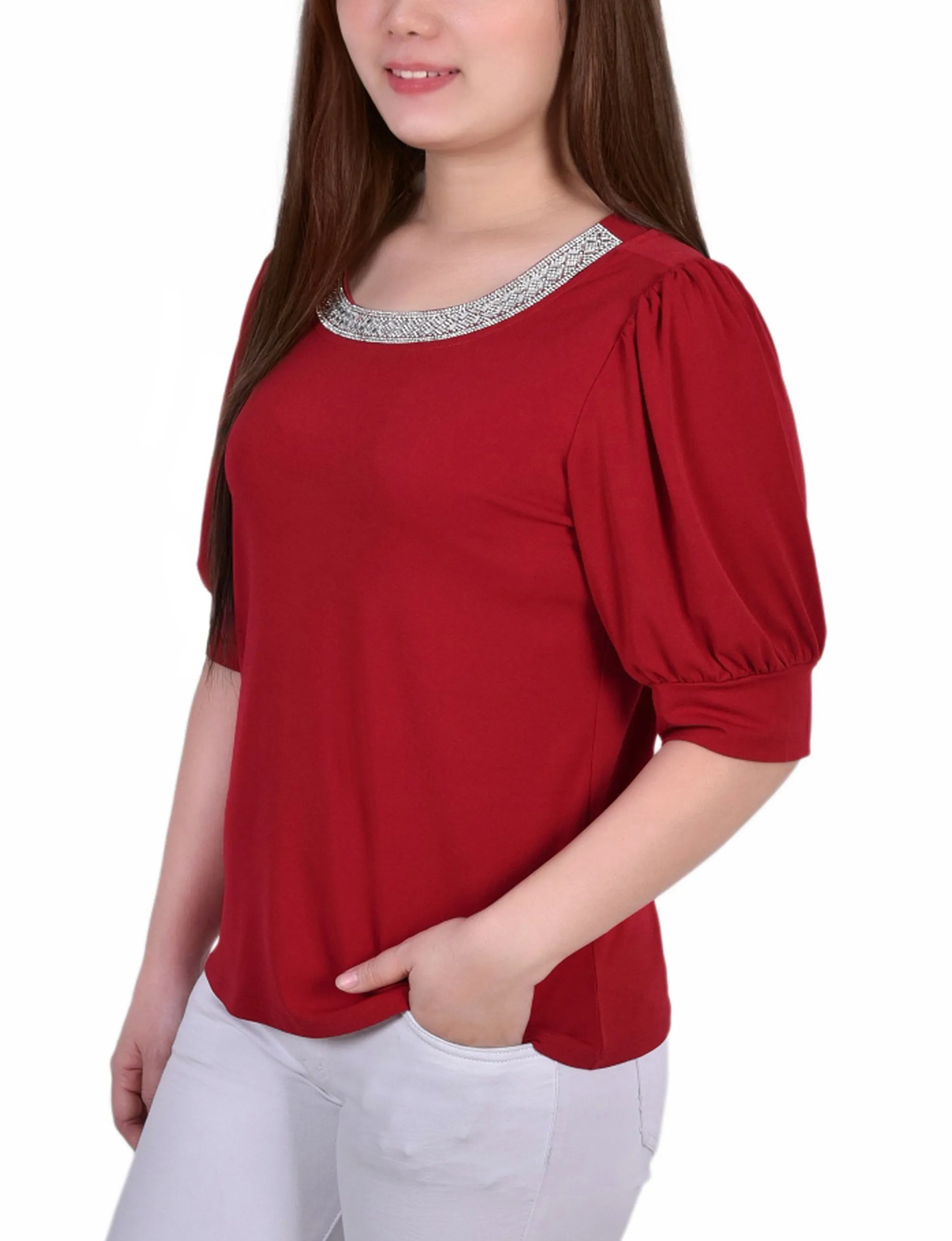 Short Beaded Puff Sleeve Top