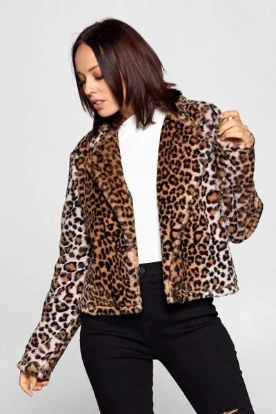 Short Open Front Leopard Print Collar Coat