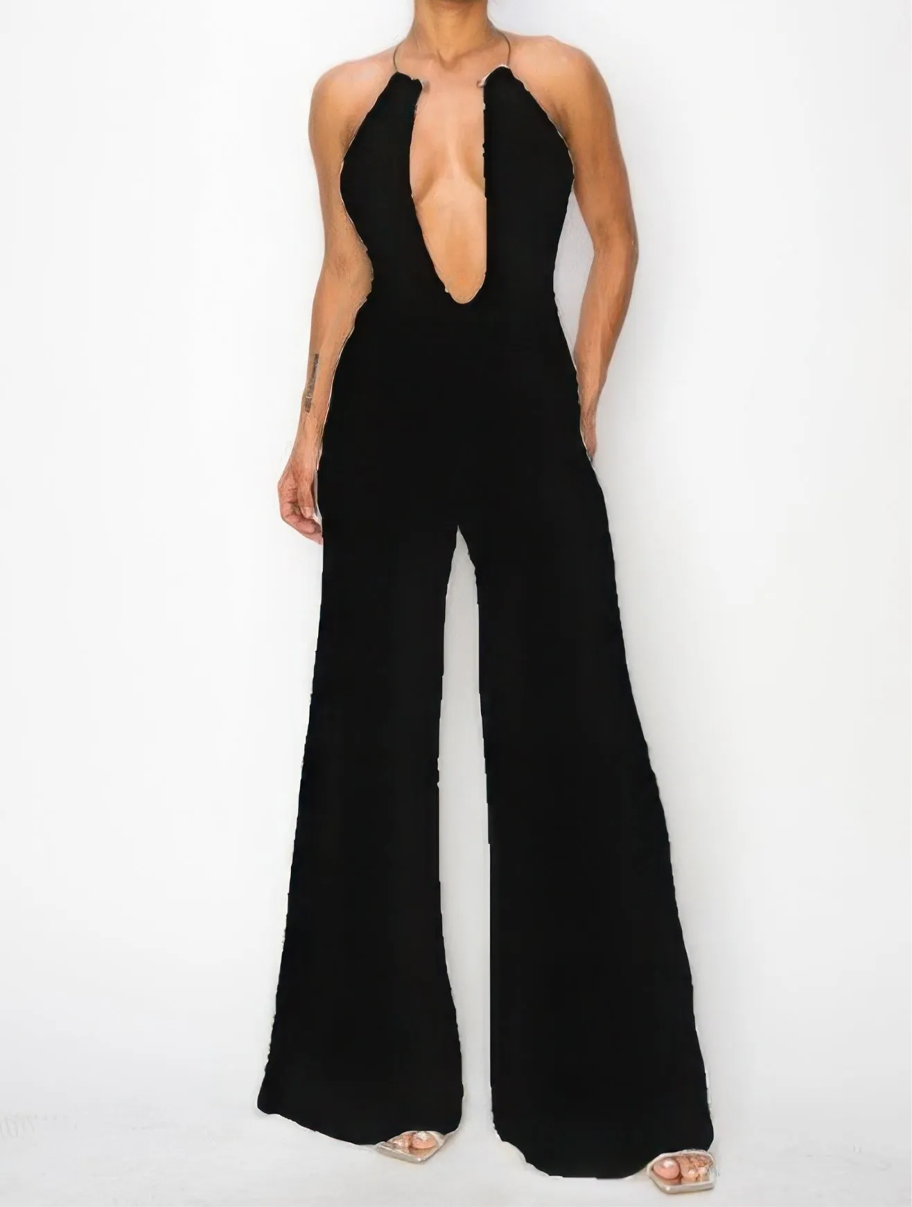 Slinky Wide Leg Jumpsuit W/metal Choker Necklace