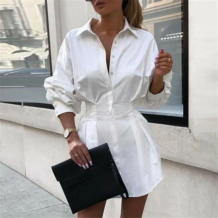 Solid color waist button ladies shirt