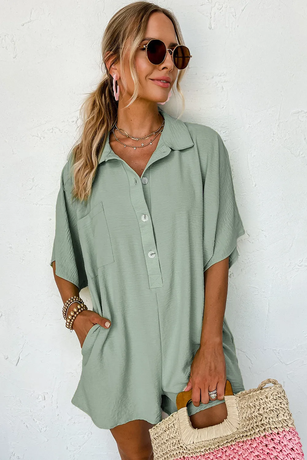 Spinach Green Plain Half Button Collared Pocket Loose Romper