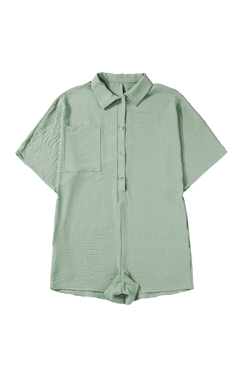 Spinach Green Plain Half Button Collared Pocket Loose Romper