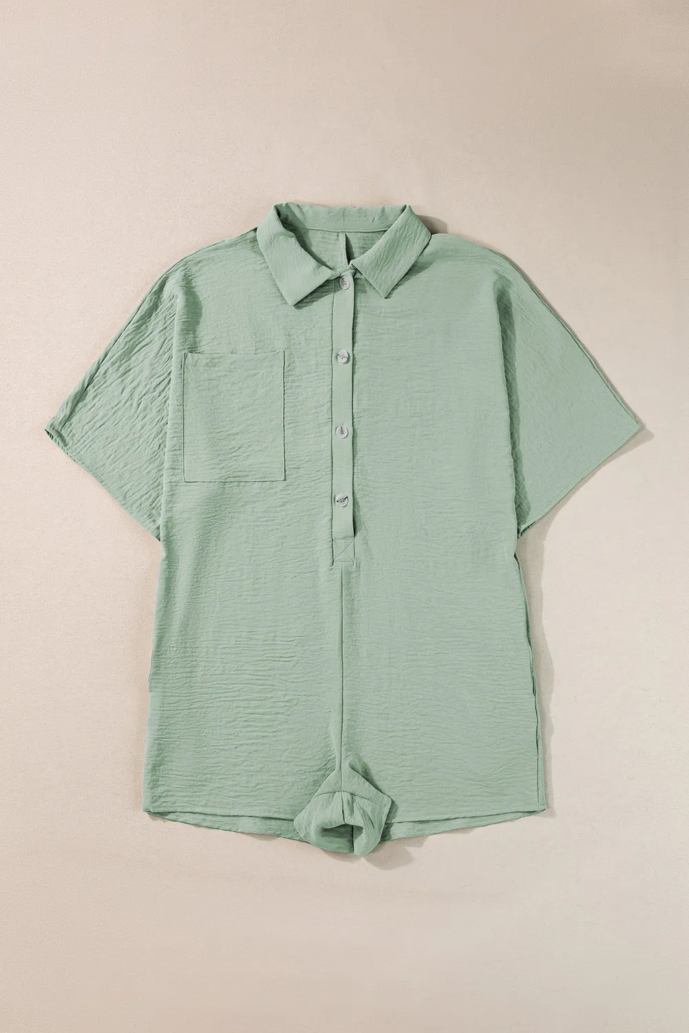 Spinach Green Plain Half Button Collared Pocket Loose Romper