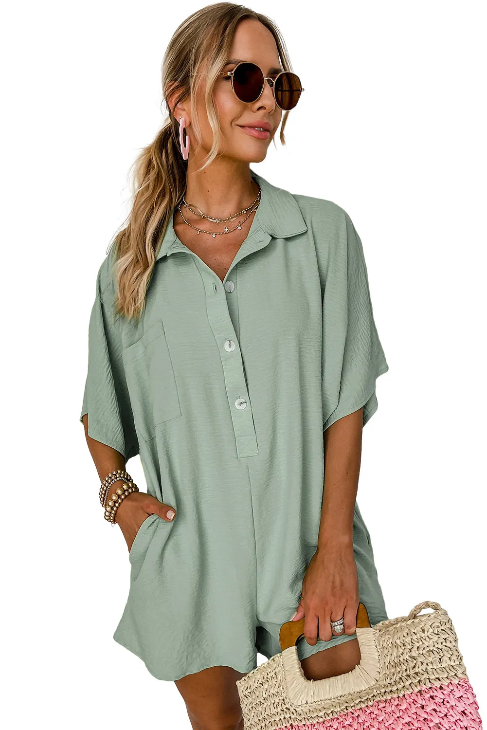 Spinach Green Plain Half Button Collared Pocket Loose Romper