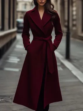 Structured Burgundy Wool Trench Coat with Feminine Fit