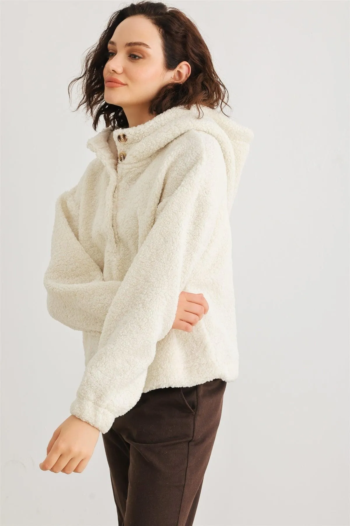 Teddy Knit Button-Up Two Pocket Hooded Sweatshirt