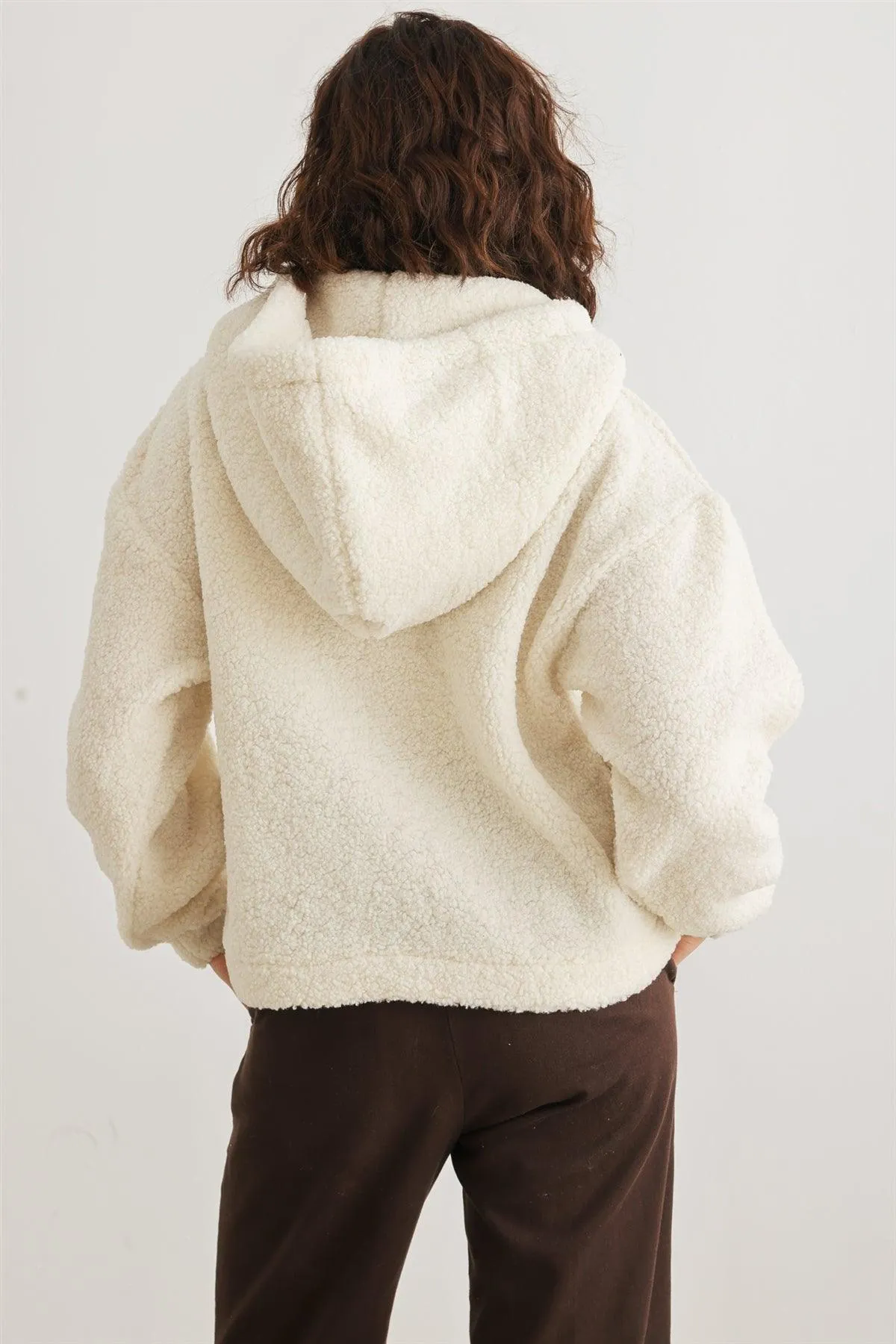 Teddy Knit Button-Up Two Pocket Hooded Sweatshirt