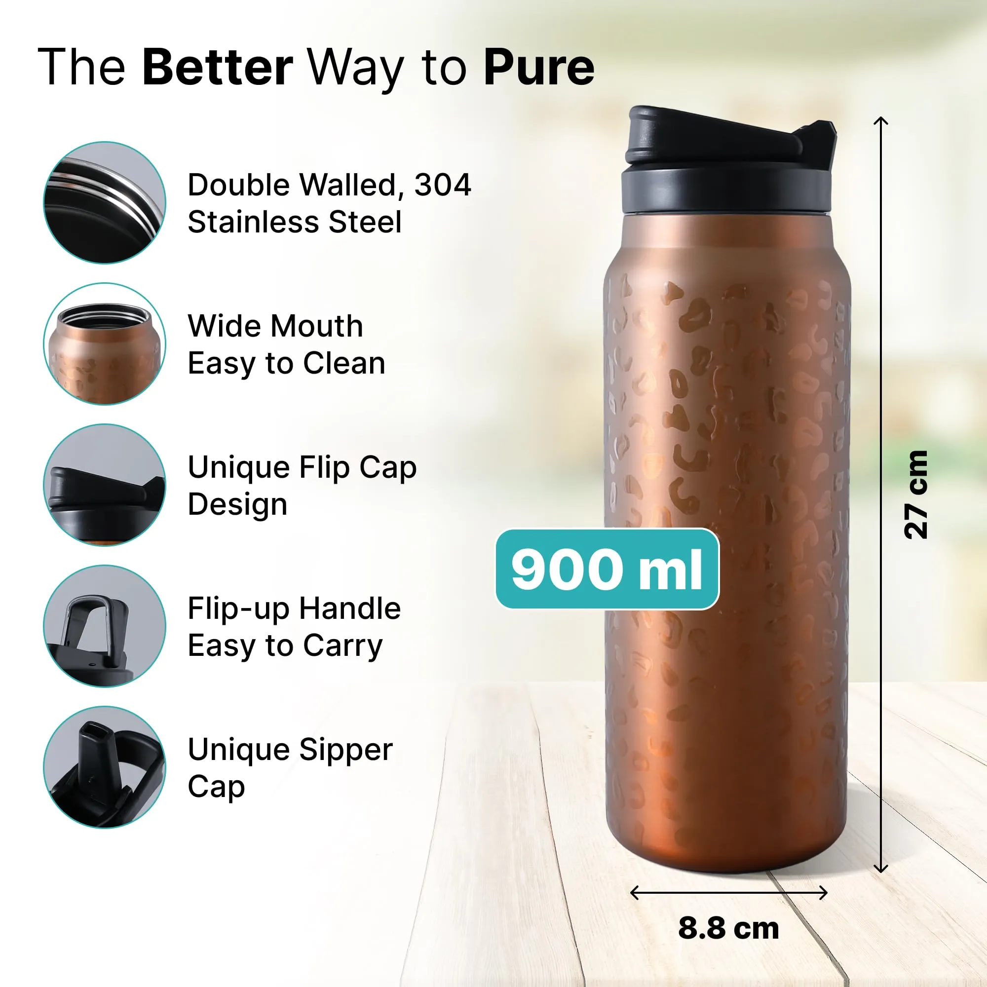 The Better Home Pulse 900ml | Stainless Steel Vacuum Insulated Printed Water Bottle | Insulation Upto 6-12 Hours | BPA Free | Gym | Office | Home | Travel | Golden Leopard Print