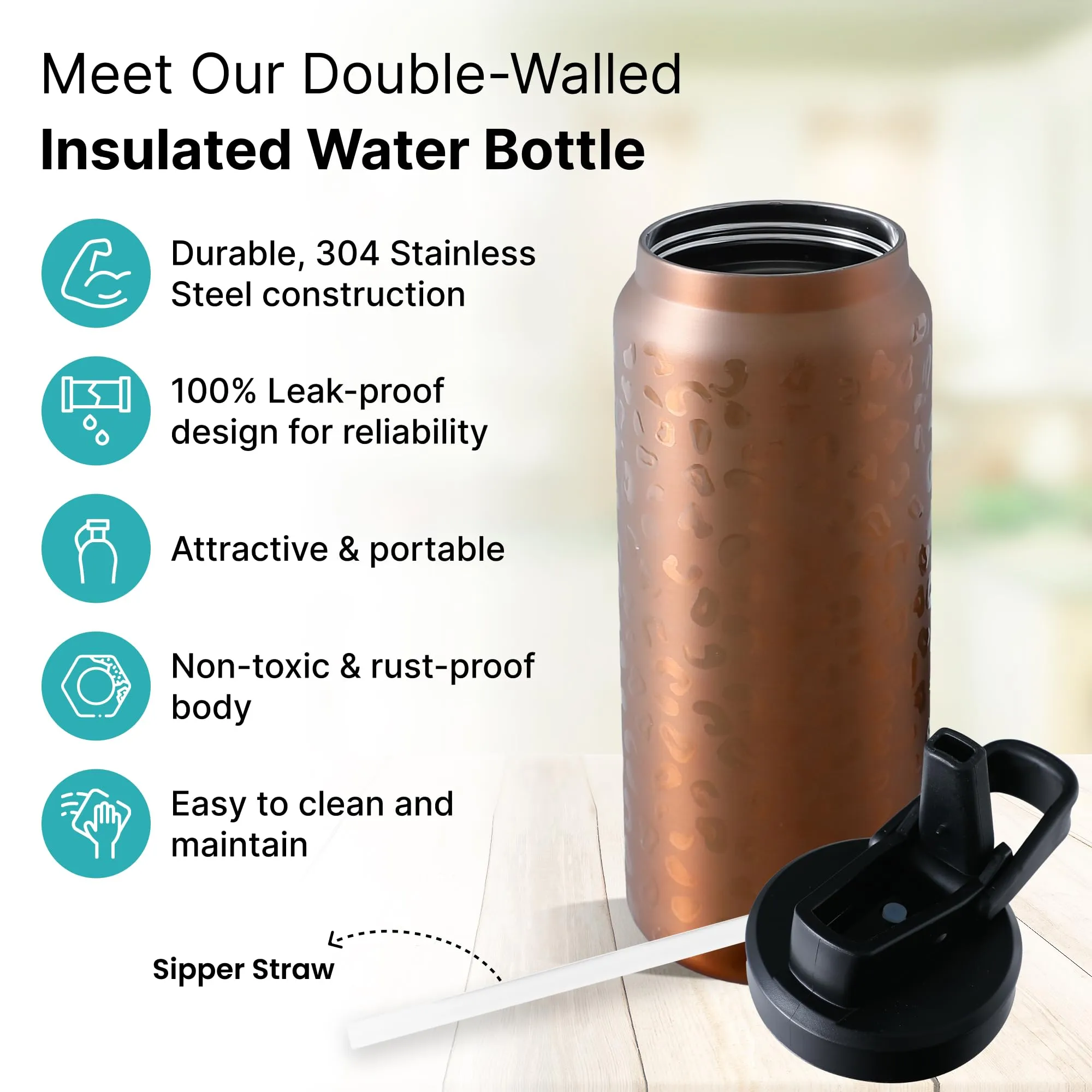 The Better Home Pulse 900ml | Stainless Steel Vacuum Insulated Printed Water Bottle | Insulation Upto 6-12 Hours | BPA Free | Gym | Office | Home | Travel | Golden Leopard Print