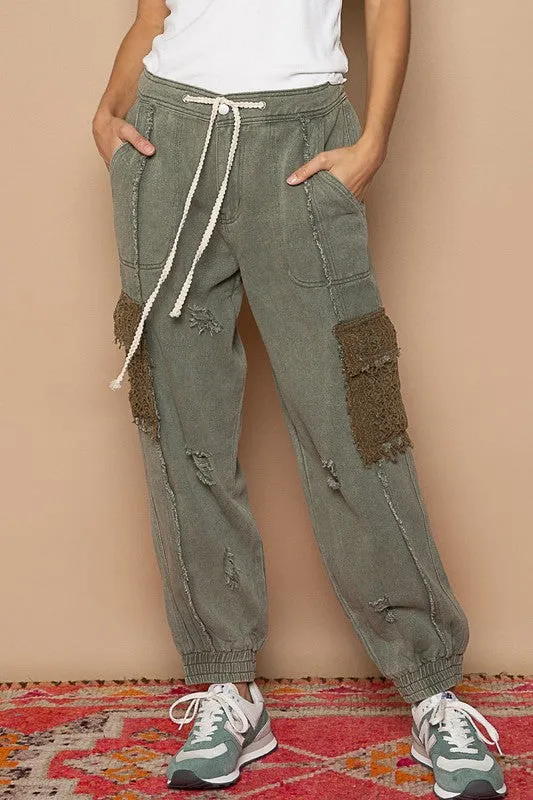 Tie waistband cargo pockets denim jogger