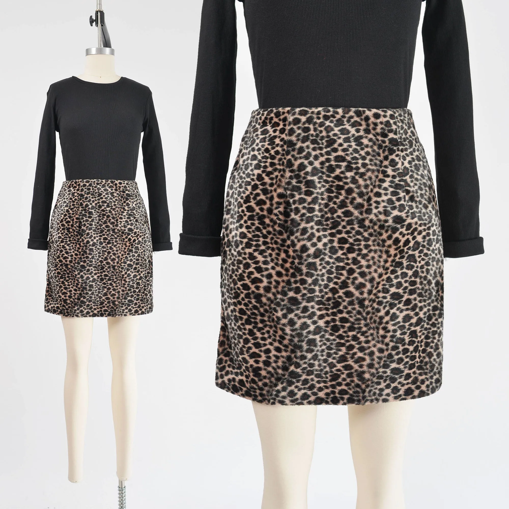 Vintage 90s Leopard Print Faux Fur Mini Skirt size S