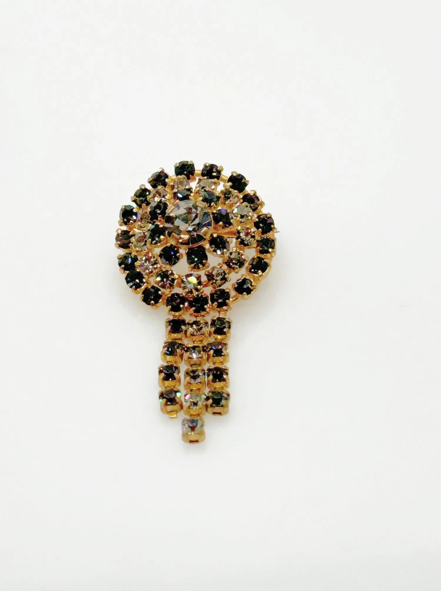 Vintage Gray and Black Rhinestone Domed Dangle Brooch