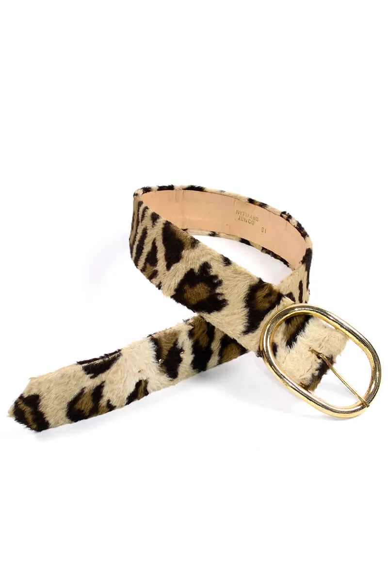 Vintage Leopard Printed Faux Fur Belt w/ Large Gold Buckle