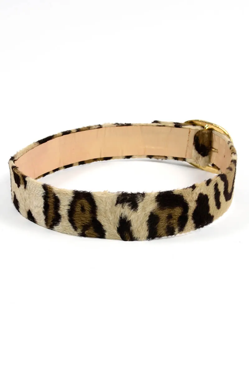 Vintage Leopard Printed Faux Fur Belt w/ Large Gold Buckle