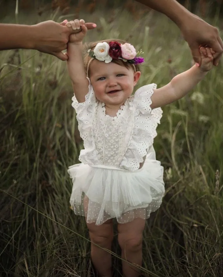 White Lace Romper Dress with Ruffled Detail #1000668