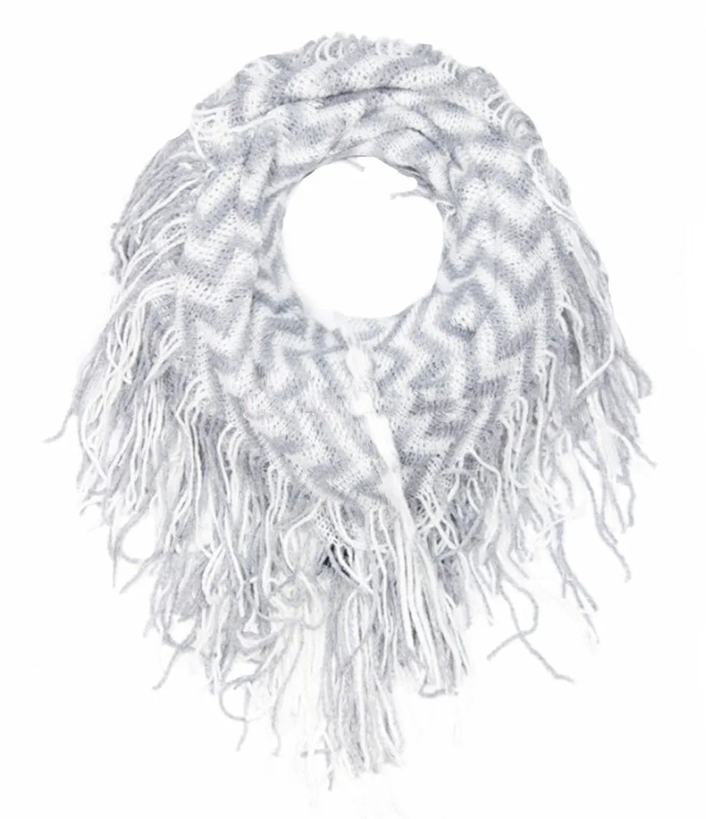 White Stunning Winter Chevron Zig Zag Design Fringe Infinity Loop Scarf