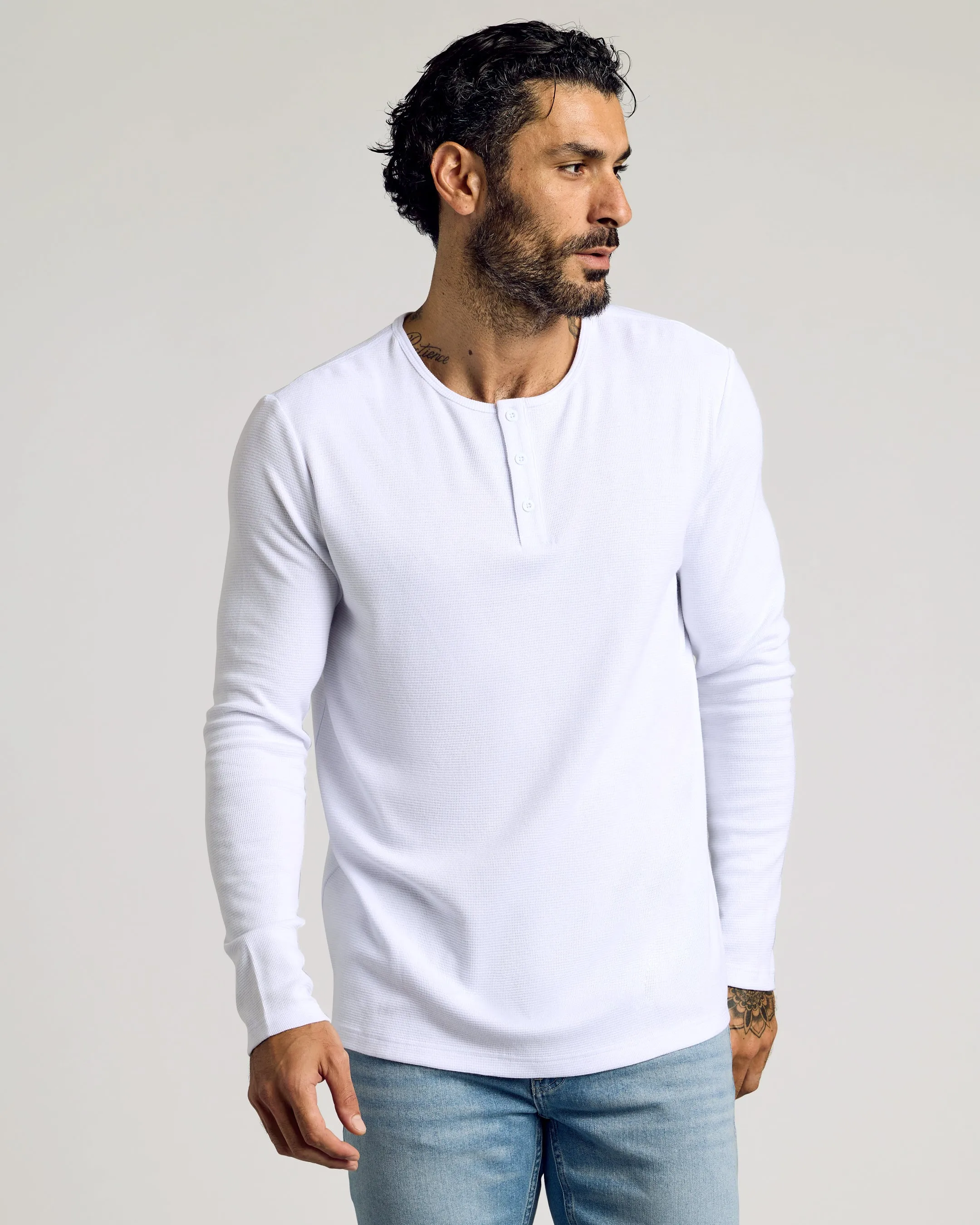 White Waffle Long Sleeve Henley