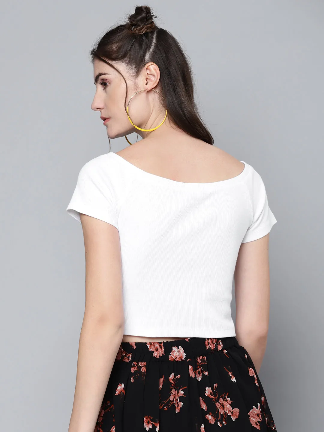 Women White Front Button Bardot Rib Crop Top