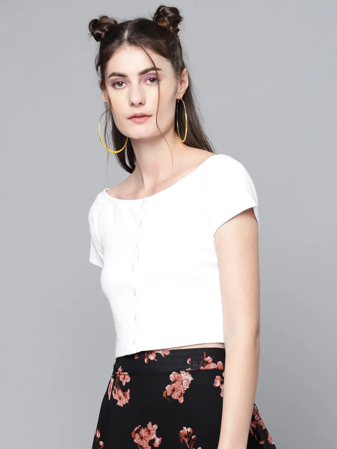 Women White Front Button Bardot Rib Crop Top