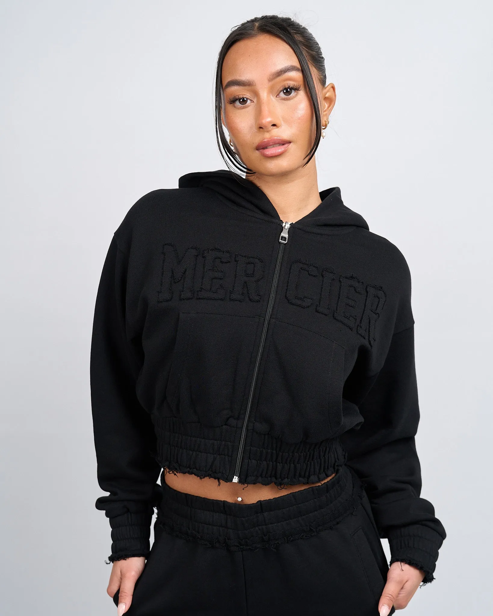 Womens Black Distressed Cropped Hoodie