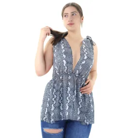 Women's Snake Print long V-Neck Top,Grey