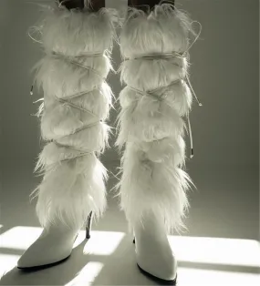 Women's Solid Color Fluffy High Heels Over The Knee Boot With Furry Real Mongolian Sheep Fur Pointed Fashion Long Boots