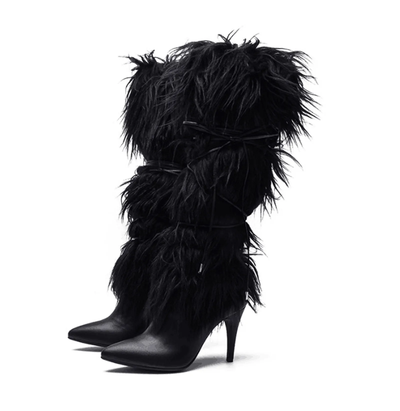 Women's Solid Color Fluffy High Heels Over The Knee Boot With Furry Real Mongolian Sheep Fur Pointed Fashion Long Boots