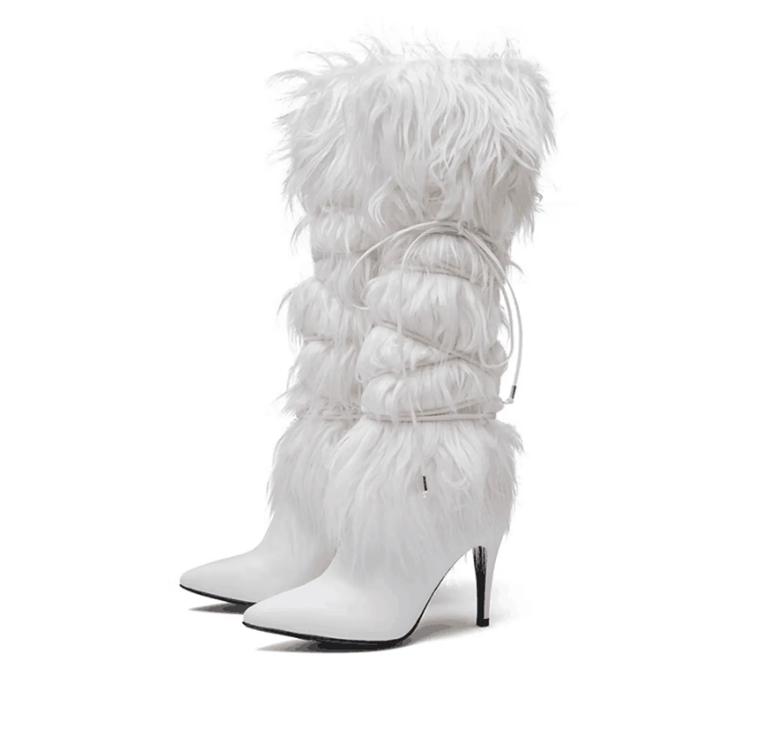 Women's Solid Color Fluffy High Heels Over The Knee Boot With Furry Real Mongolian Sheep Fur Pointed Fashion Long Boots