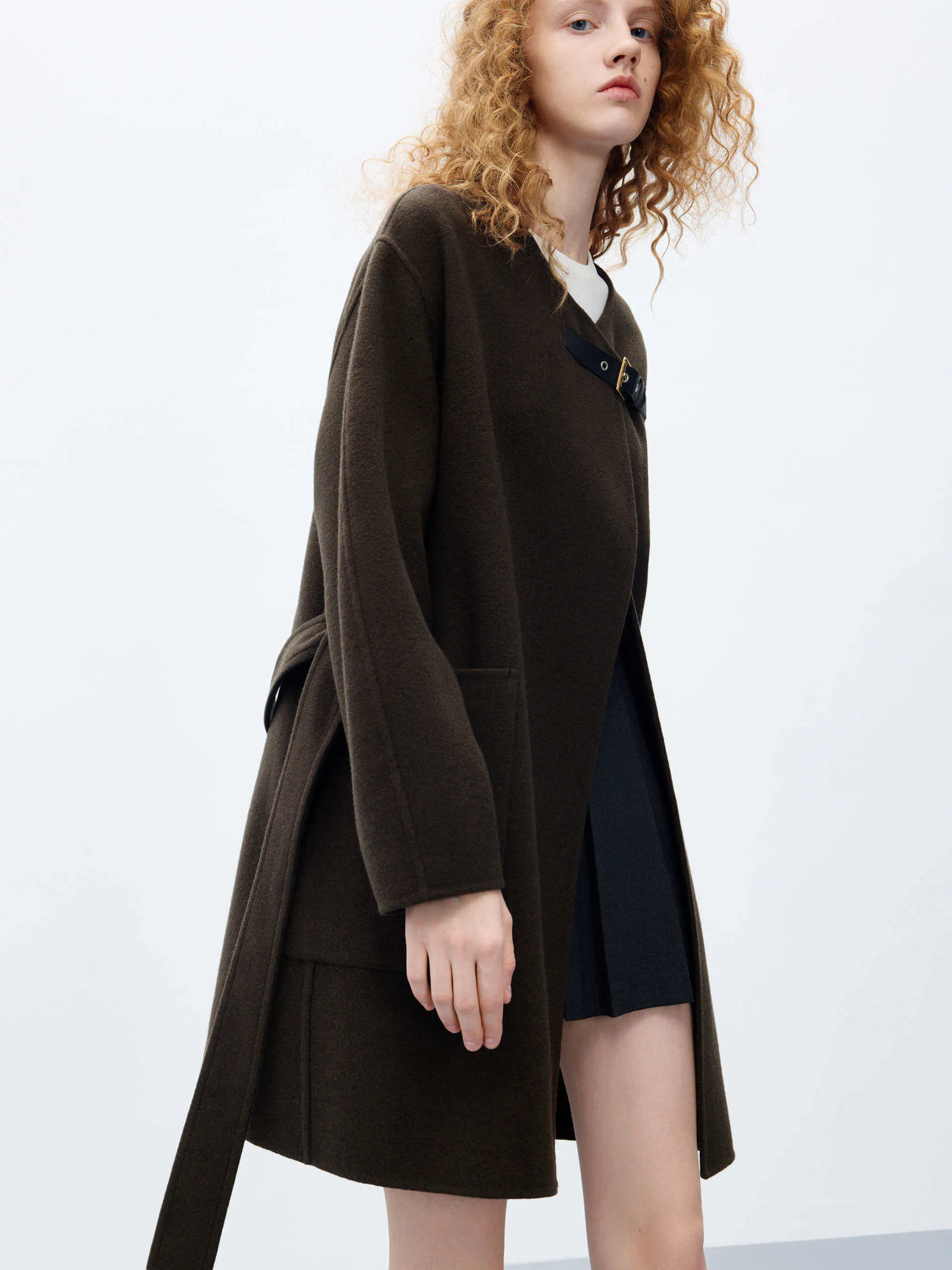 Wool Collarless Midi Coat