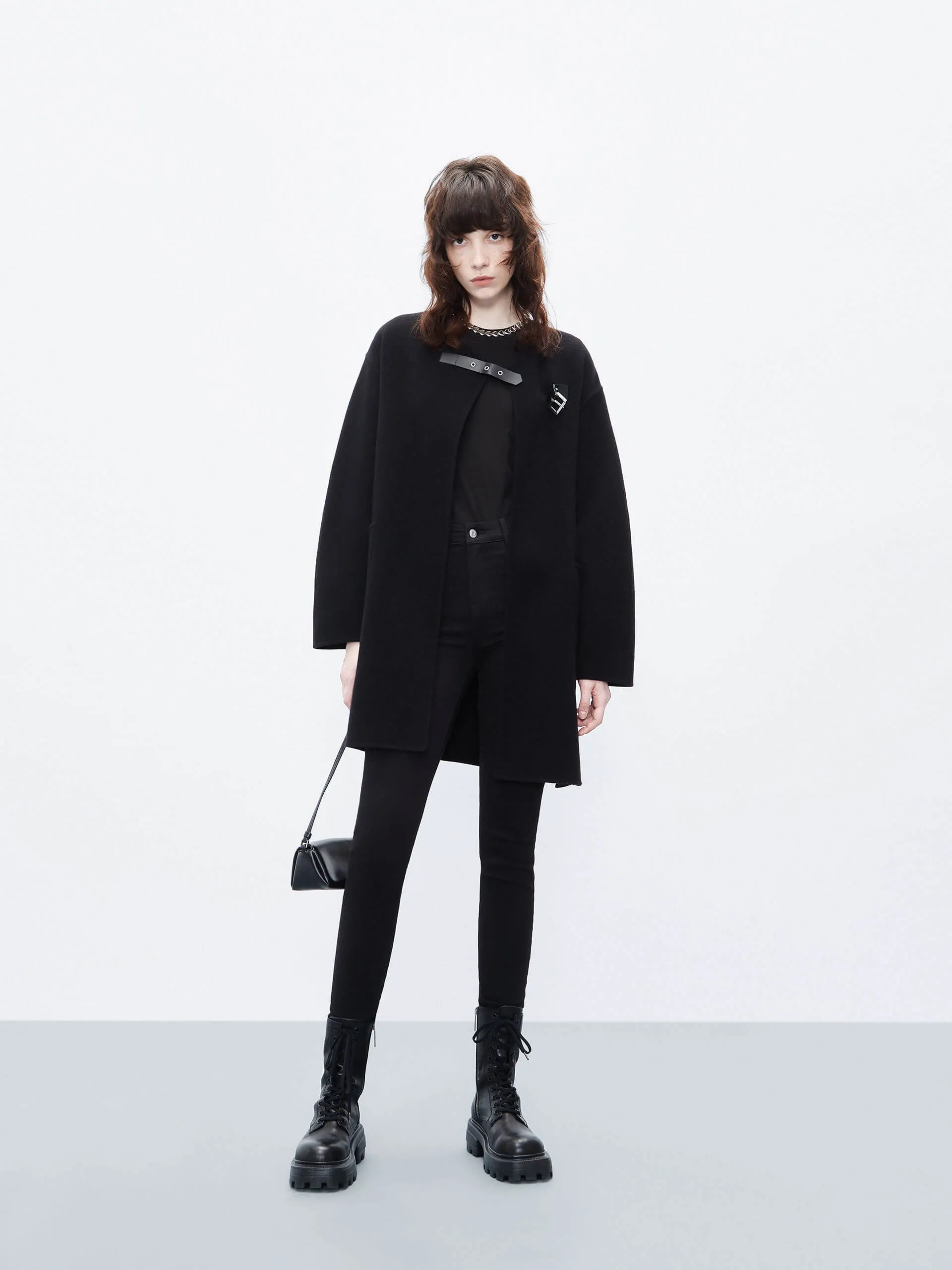 Wool Collarless Midi Coat