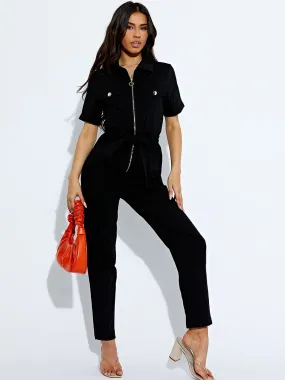 Yara Collared Zip Front Belted Jumpsuit In Black