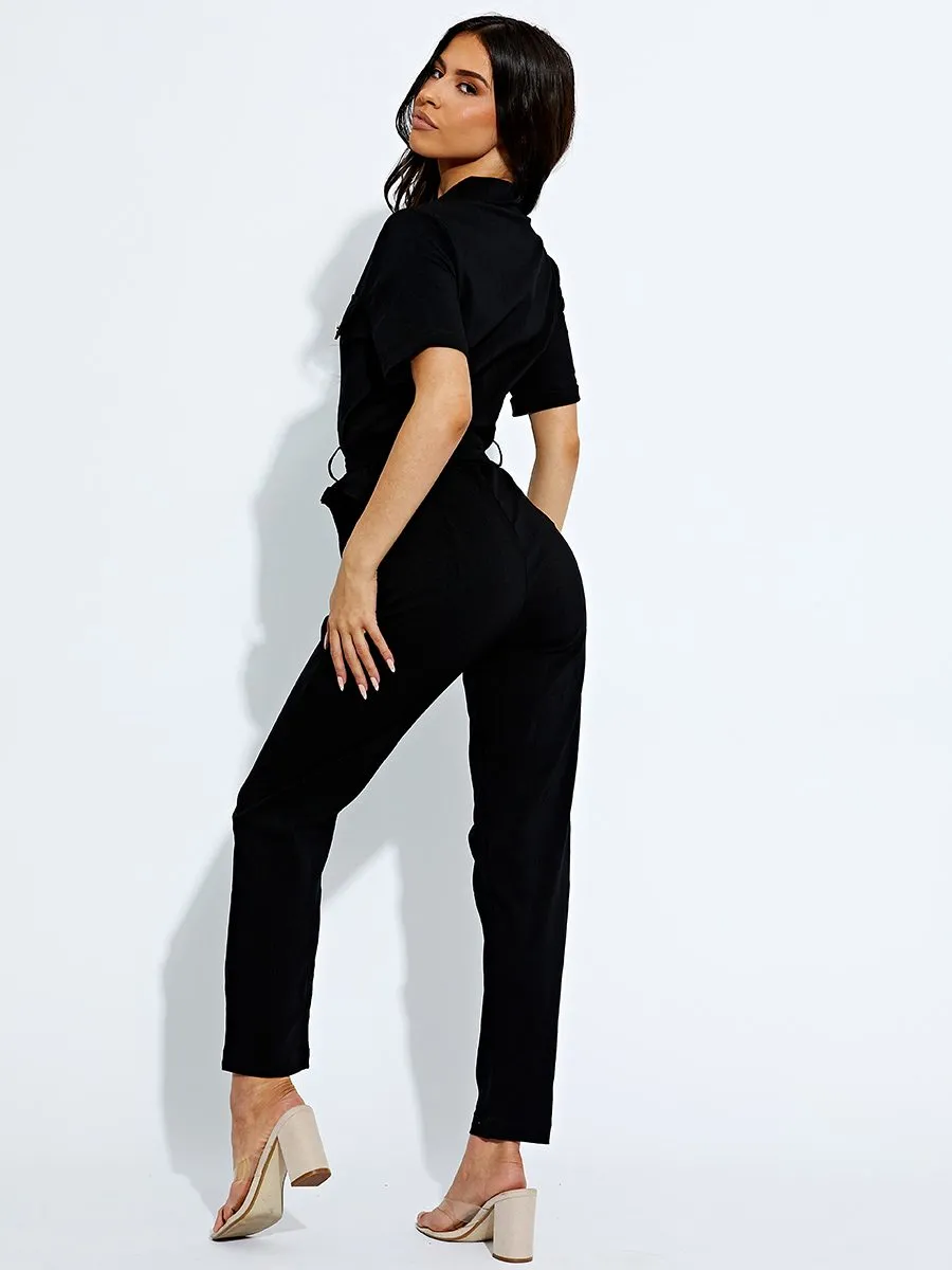 Yara Collared Zip Front Belted Jumpsuit In Black