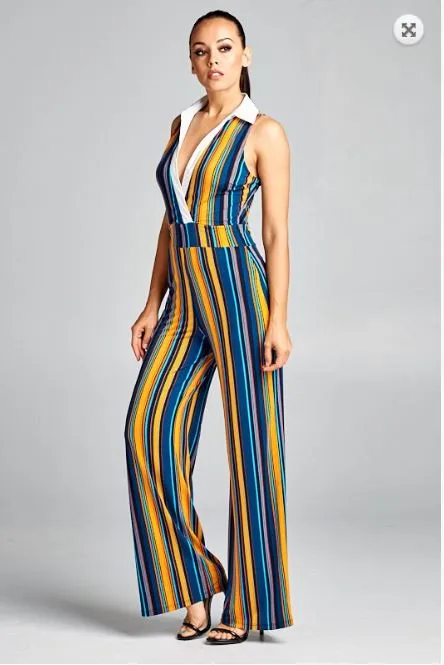 Yellow and Teal Striped Jumpsuit